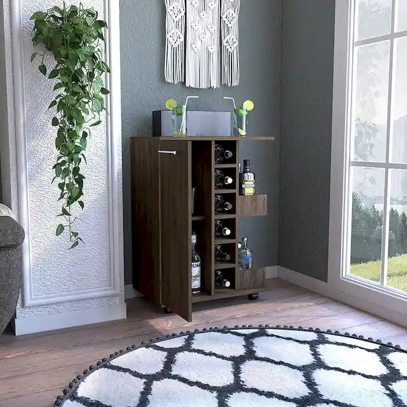 Rolling Bar Cart with Enclosed Cabinet 6-Bottle Wine Cubby and Open Bottle Shelves