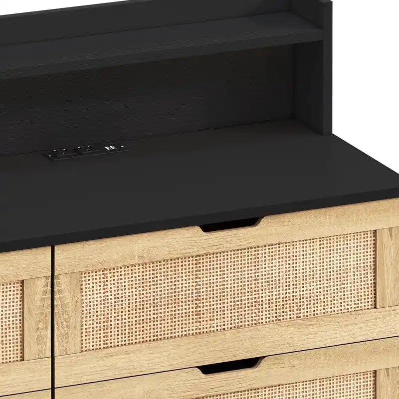 Bohemian Rattan 6-Drawer Sideboard Buffet with Adjustable LED Lights & Power Outlet