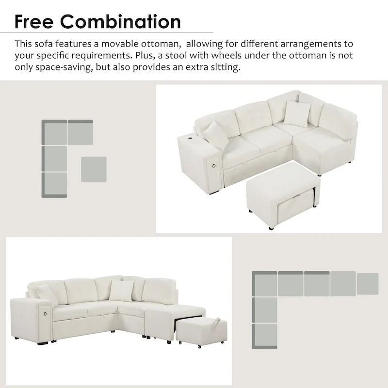 L-Shaped 4-Seat Sectional Sofa with Pull-Out Bed, Ottoman, USB Ports & Drop-Down Table