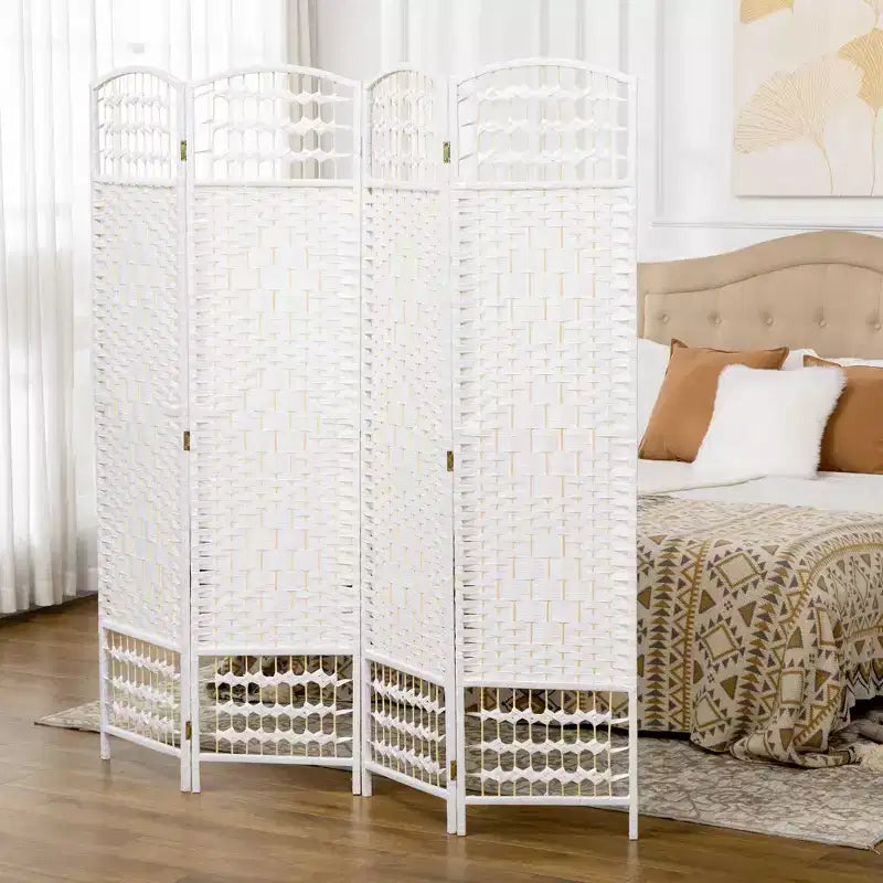 4 Panel Folding Room Divider - Bamboo Frame, White