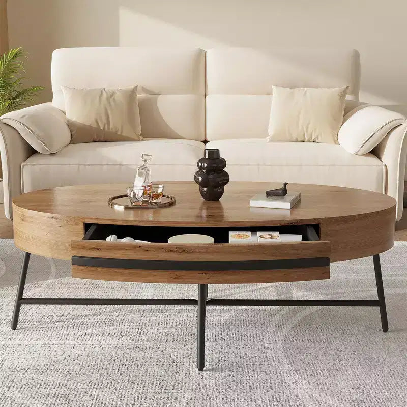 Oval Coffee Table with Drawer Mid-Century Modern Center Table 47.2 Wooden Coffee Table with Storage and Cross Metal Legs Curved Design