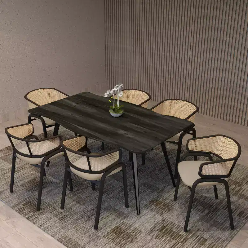 Wicker Back Dining Chairs with Leather Seat and Black Steel Frame, Modern Indoor Kitchen, Dining Room, Table Seating