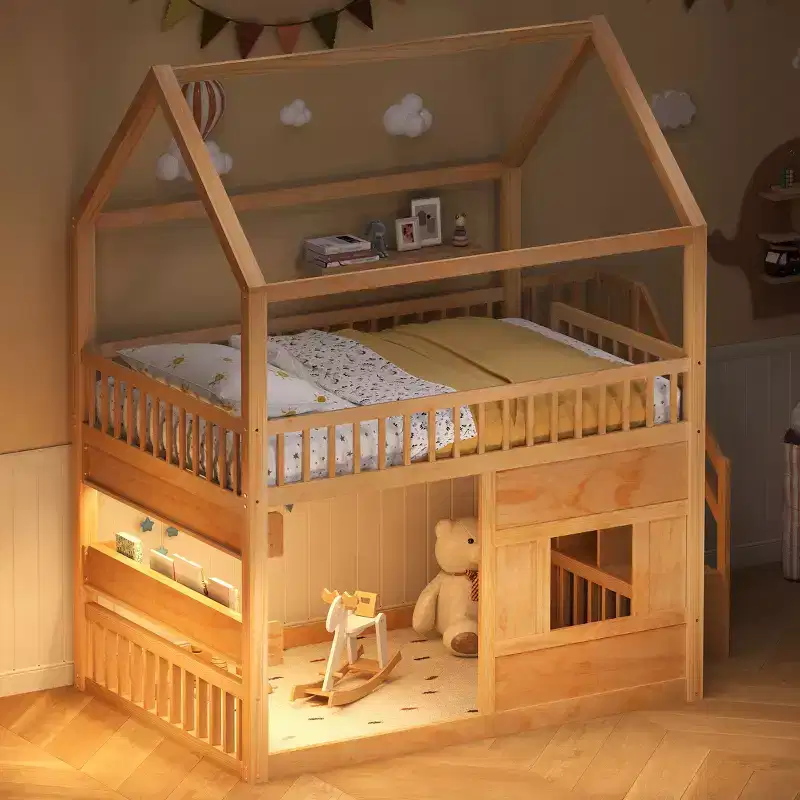 Full Size House Loft Bed with LED Light, Wooden Loft Bed with Shelves, Stairway Loft Bed with Guardrail & Ladder for Girls and Boys