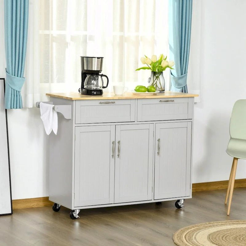 Rolling Kitchen Island Cart with Natural Wood Top 2 Drawers 3 Cabinets and Towel Rack