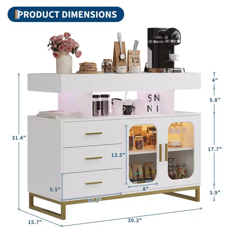 Modern Sideboard Buffet Cabinet with Auto-Sensor RGB LED Lights & Built-in Charging Station, Coffee Bar Table with Storage