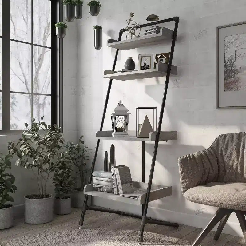 HOMES: Inside + Out 70.86 Humbolt Ladder Display Shelf Vintage Gray Oak: Industrial Style, 4-Tier Storage