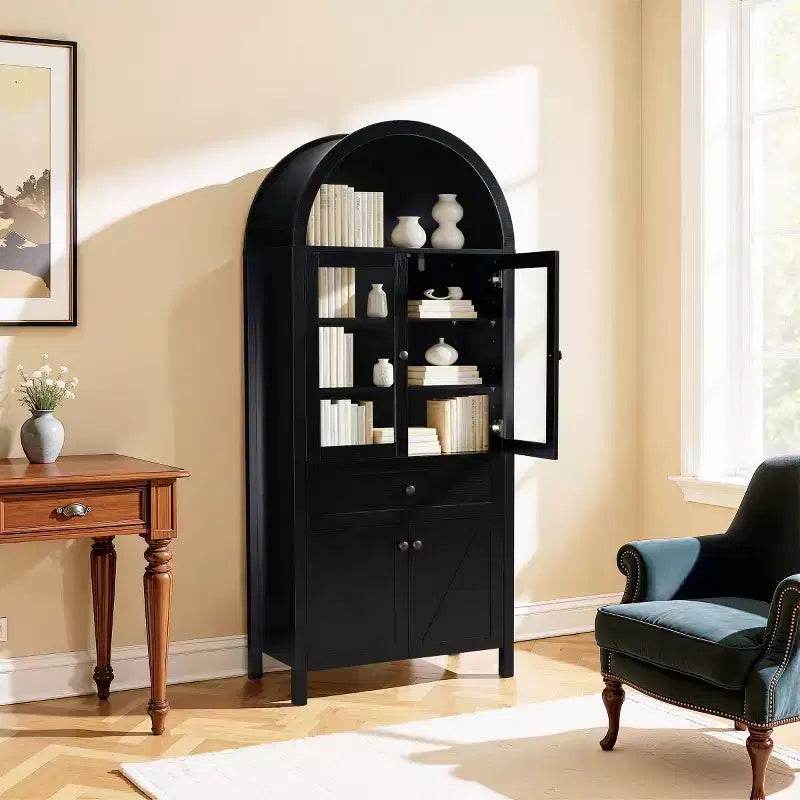 71 Arched Farmhouse Kitchen Pantry, Tall China Cabinet with Glass Doors, Drawer and X-Pattern Storage - Panipeachy
