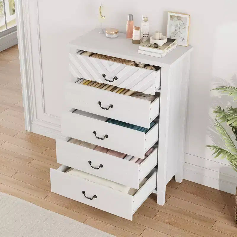Farmhouse 5 Drawer Dresser for Bedroom, Tall Wood Dresser, Vertical Chests of Drawers with Storage Freestanding for Living Room