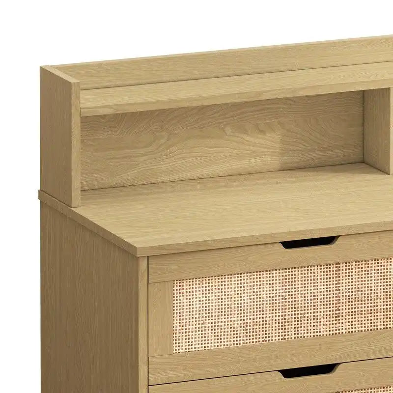 Bohemian Rattan 6-Drawer Sideboard Buffet with Adjustable LED Lights & Power Outlet