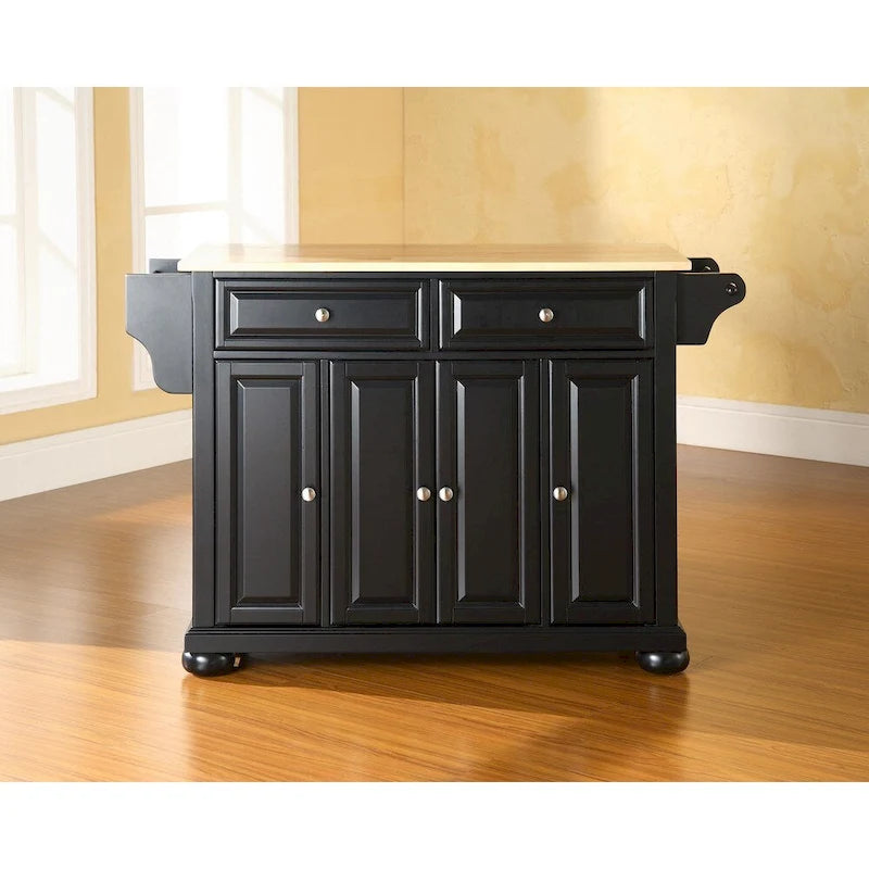Black Stationary Kitchen Island with Natural Wood Top 2 Drawers and 4-Door Cabinet