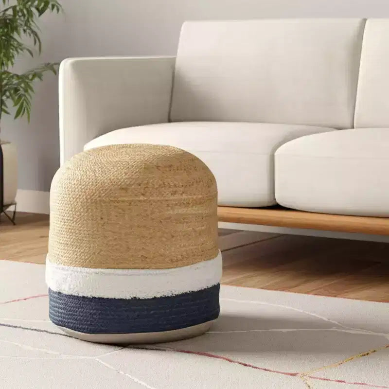 18 Natural And Navy Blue Jute Blend Cylinder Striped Pouf Ottoman