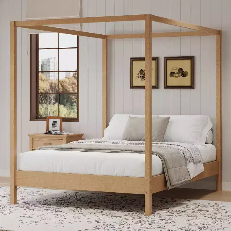 GDFStudio Ford Solid Wood Canopy Bed Frame with Poster Platform and Slats Support