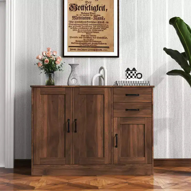 sumyeg Modern Wood Buffet Cabinet with 2 Doors, 2 Drawers and Open Storage, 43.3 Inch Console