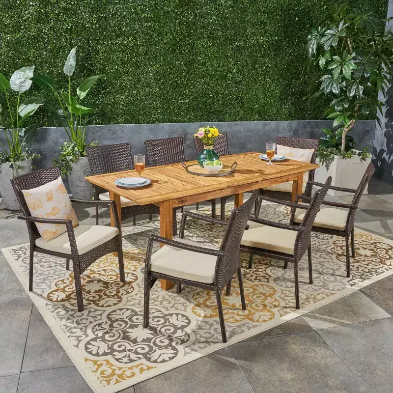 Davenport 9pc Wood & Wicker Expandable Dining Set: Acacia Frame, PE Rattan - Christopher Knight Home