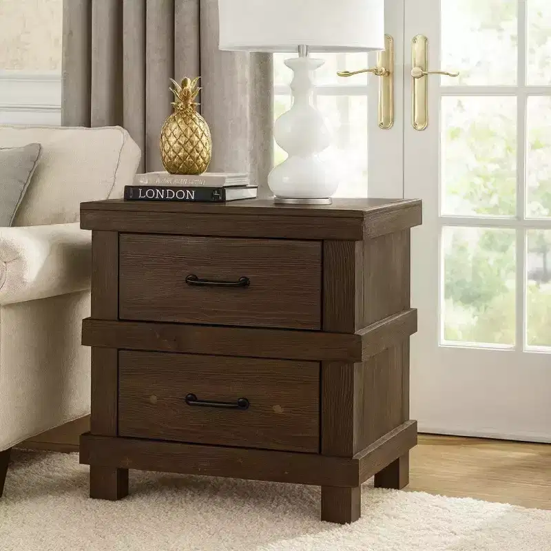 2-Drawer Nightstand with Metal Handle, Antique Oak