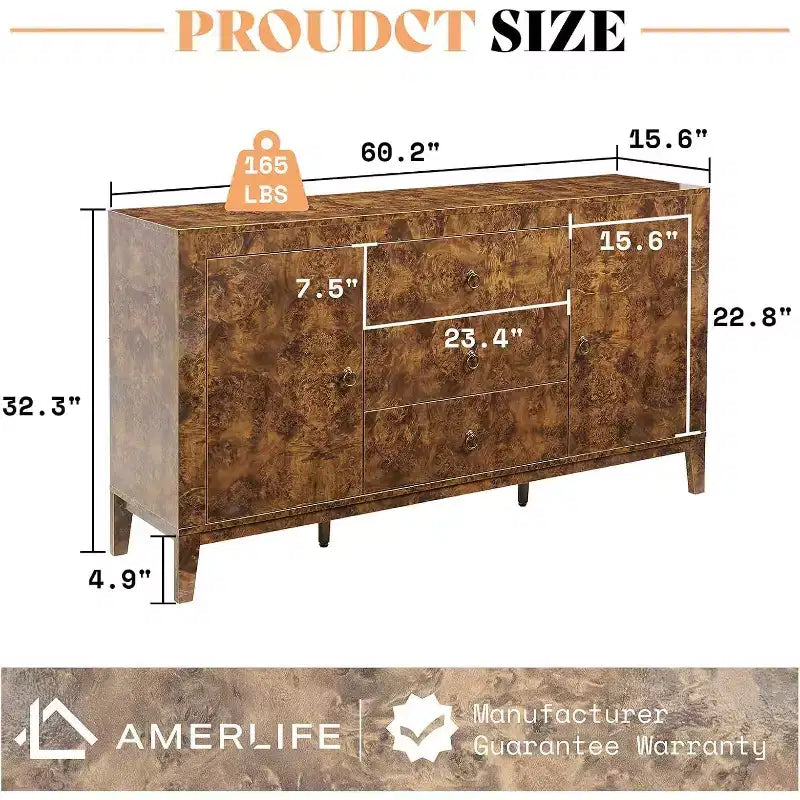 AMERLIFE High Gloss Burl Buffet Sideboard Cabinet