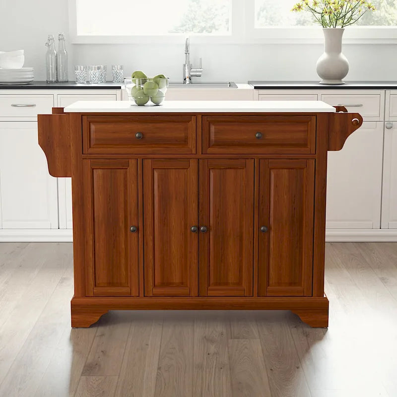 Cherry Finish Granite Top Full Size Kitchen Island with Drawers and Spice Rack