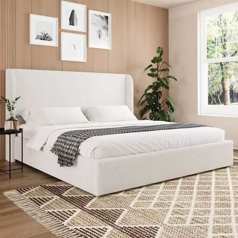 GDFStudio Tracy Boucle Upholstered Wingback Bed Frame with Headboard, Metal Legs and Slats