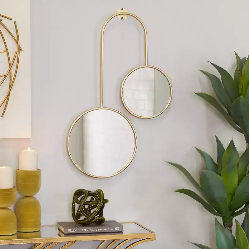 Modern Metal Wall Mirror Gold - : Round, Wood Frame, Includes Mounting Hardware