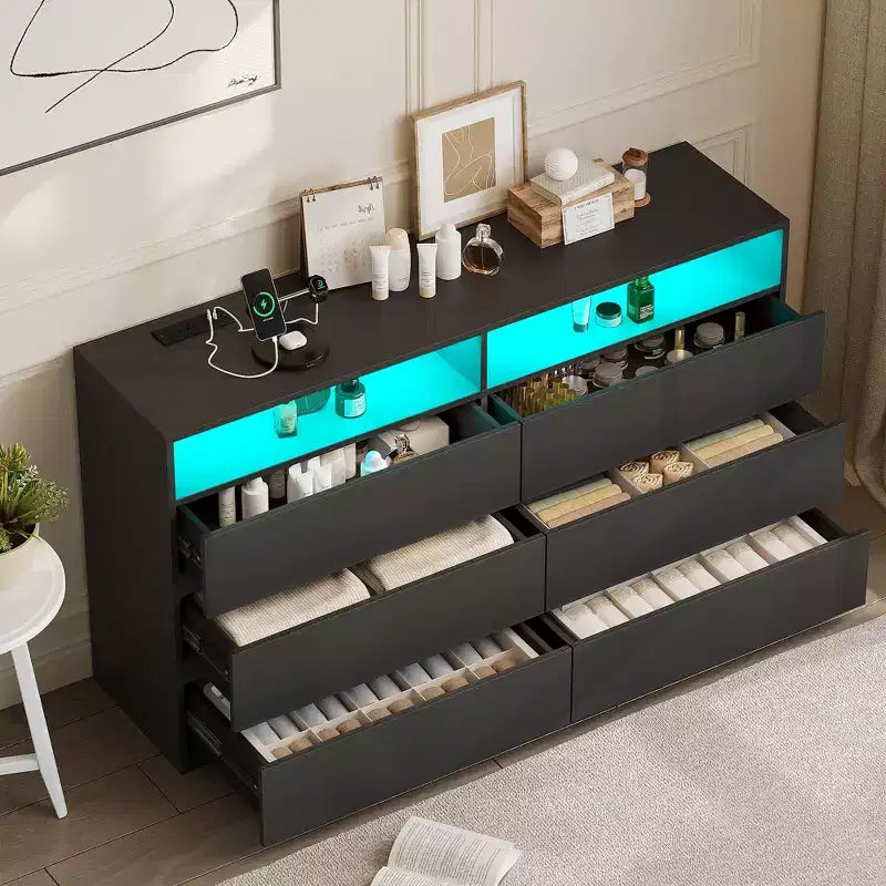 Modern 6-Drawer Dresser with LED Lights & Power Outlet - Double Wide Storage Organizer / TV Stand