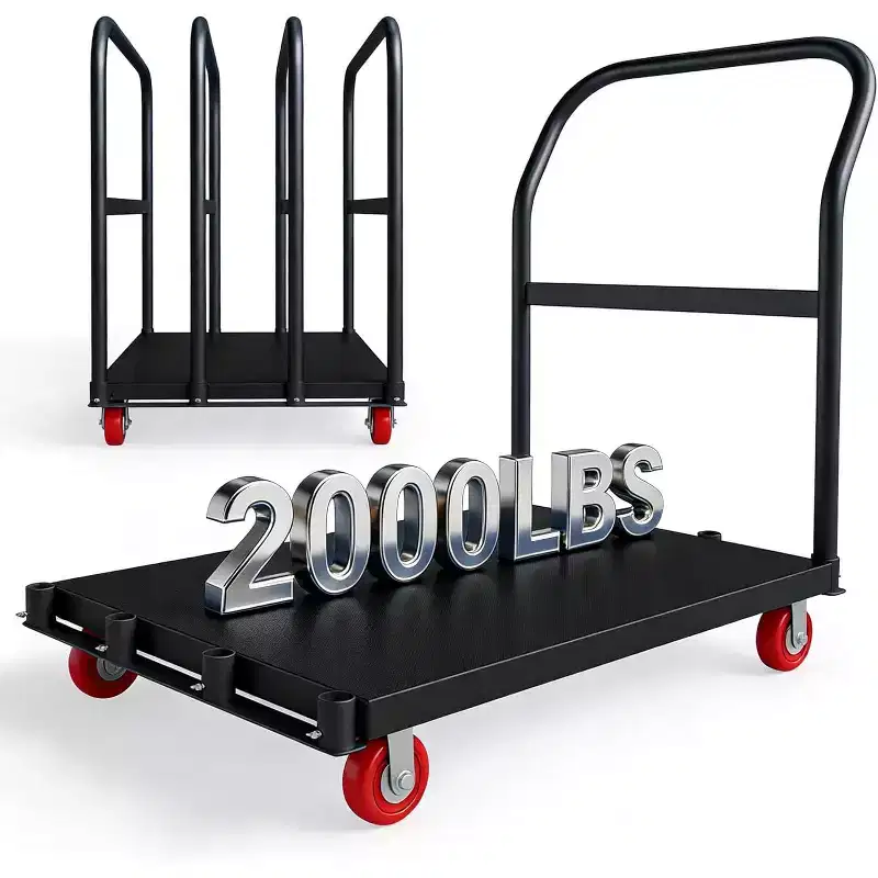 2000LBS Heavy Duty Folding Platform Cart with Dual Side Handrails, 5 Inch Swivel Wheels, 37x24 Inch Flatbed Rolling Cart Blue