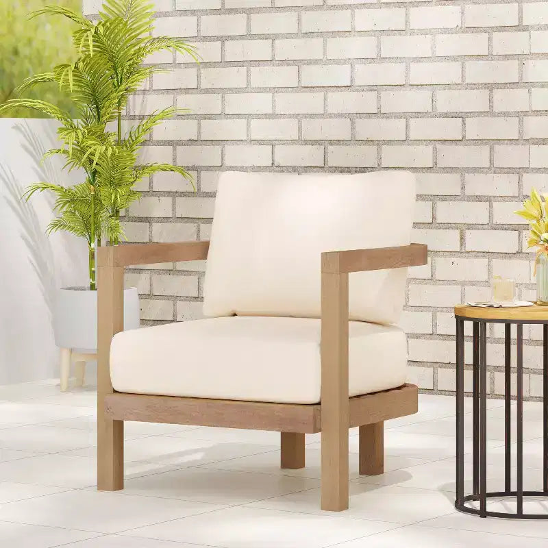 Christopher Knight Home Aston Outdoor Acacia Wood Club Chair with Cushions, Weathered Brown and Beige