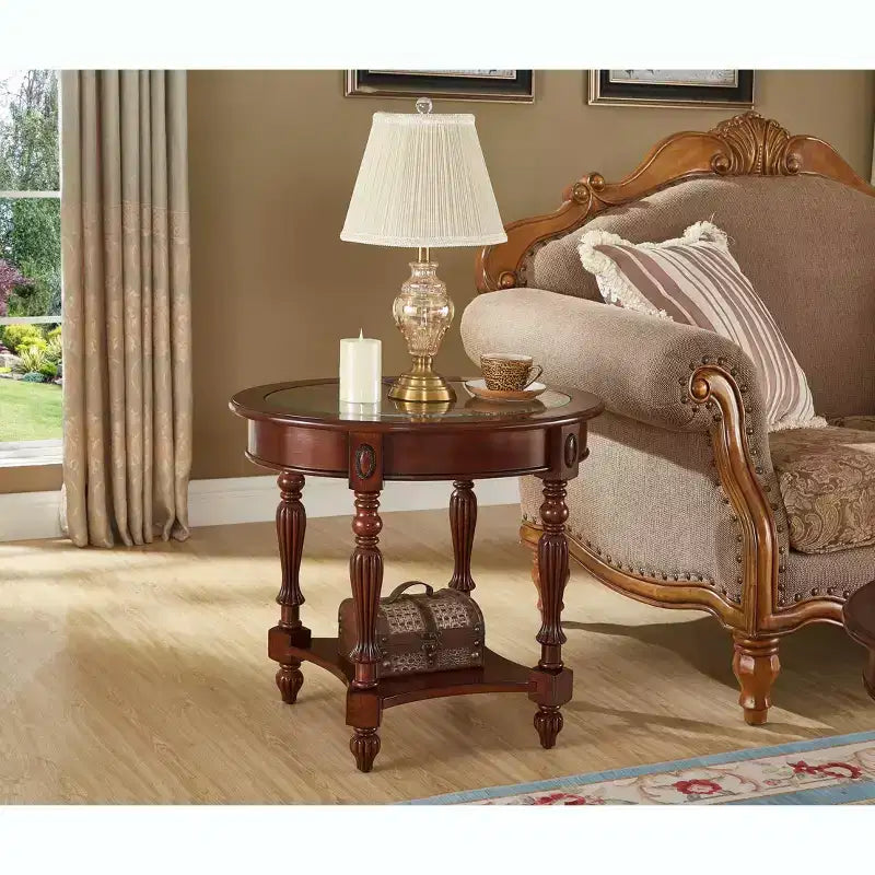 Oval Solid Wood End Table with Glass Top, 28 Inch Wide