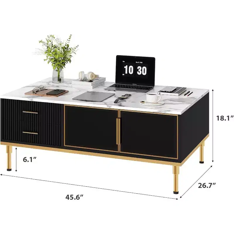 Faux Marble Coffee Table, Rectangle Fluted Cocktail Table with 4 Drawers, 4 Glass Doors, Modern Wooden Center Table with Metal Legs