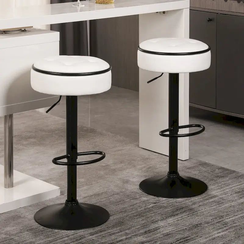 Round Storage Bar Stool, Faux Leather Height Adjustable Barstool, 360 Counter Height Swivel Stool