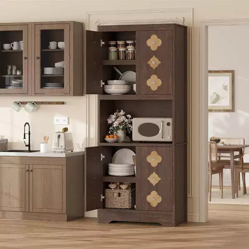 72 Tall Wooden Pantry Cabinet with Carved Door & Crystal Handle, Kitchen Hutch Storage Cabinet with Countertop for Microwave, for Home