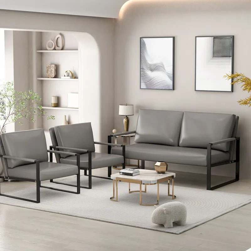 Mieres Mid-Century Style 3-Piece PU Leather Living Room Sofa Set Including 2 Armchairs and 1 Loveseat Sofa