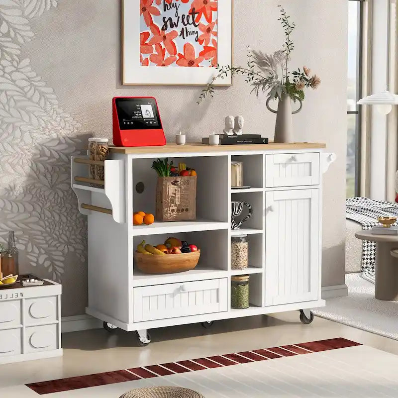 Rolling Kitchen Island Cart with Open Shelves Drawers Cabinet and Microwave Space