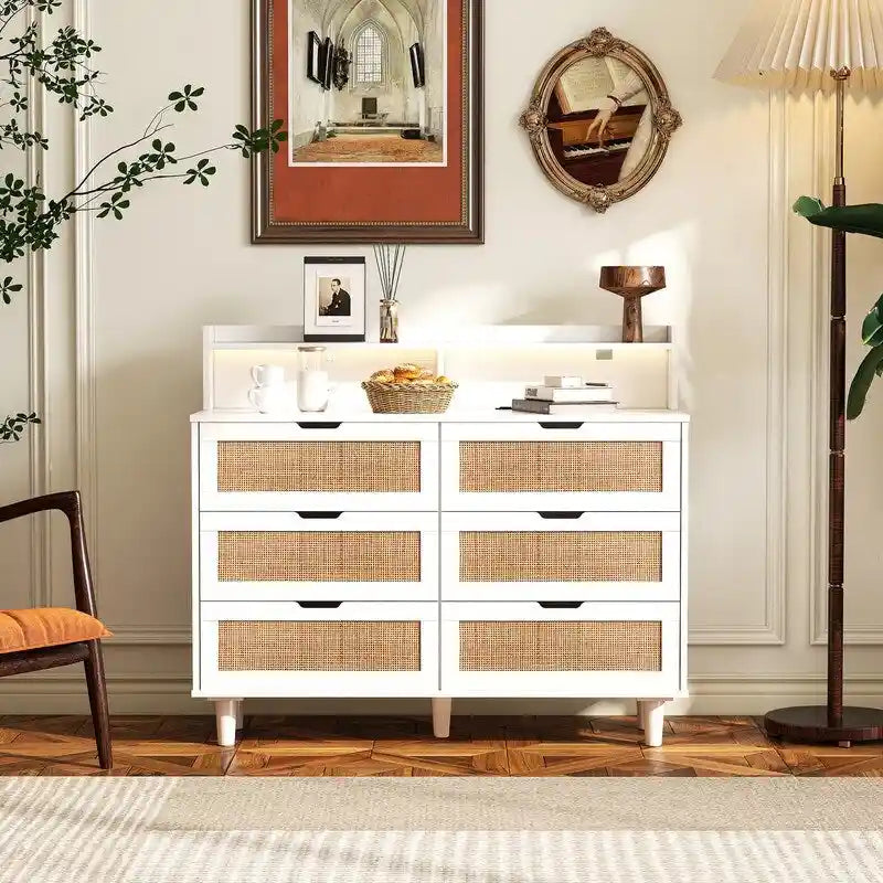 Bohemian Rattan 6-Drawer Sideboard Buffet with Adjustable LED Lights & Power Outlet