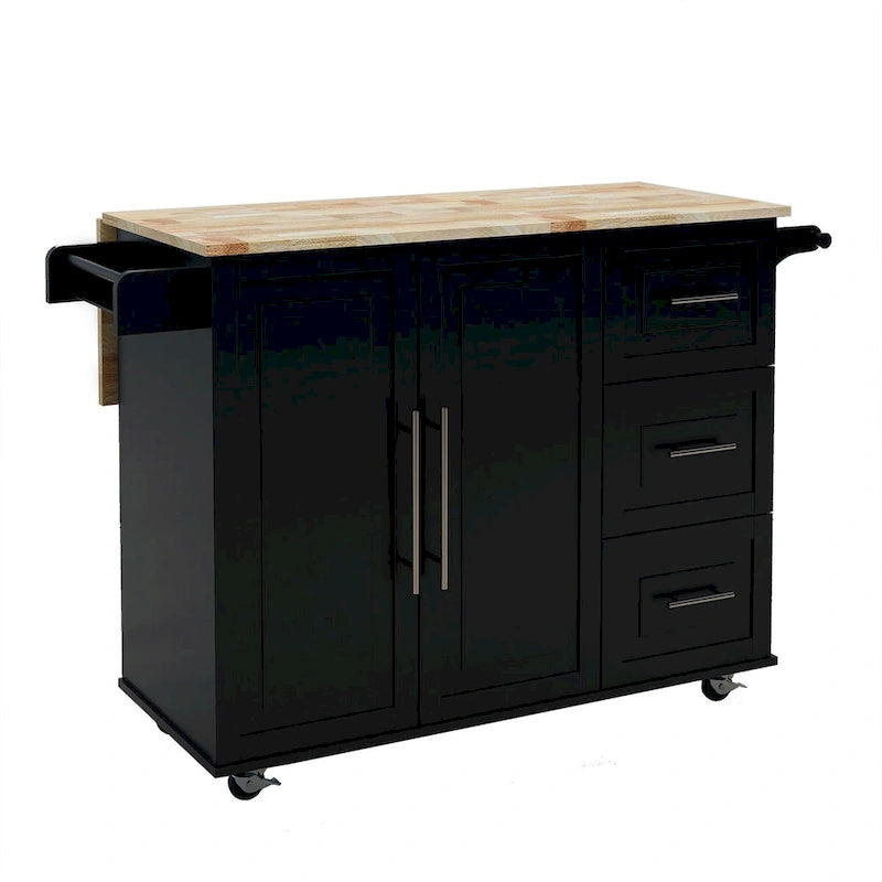 Rolling Kitchen Island Cart with Folding Top Drawers and Spice Rack