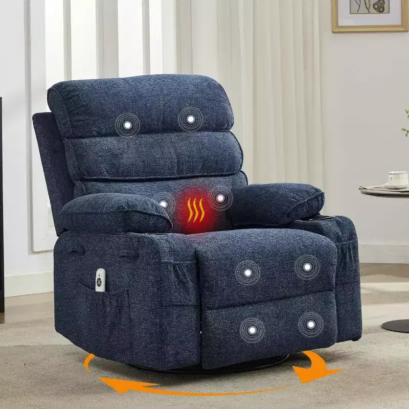Fauteuil inclinable massant chauffant, fauteuil pivotant à 360° pour adultes, chaise haute en lin avec poche latérale et deux porte-gobelets