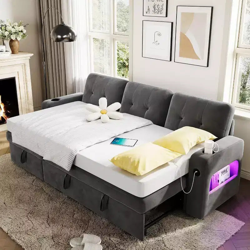 L-Shaped Sofa,Sleeper Sofa Couch, Convertible Pull Out Sofa Bed with Storage, Led Lights, Modern Sectional Sofa for Living Room, Apartment, Grey