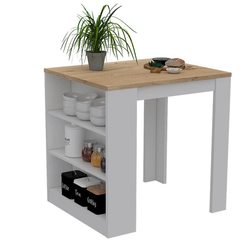 White and Pine Kitchen Island with 3-Tier Open Shelves and Breakfast Bar Height Top