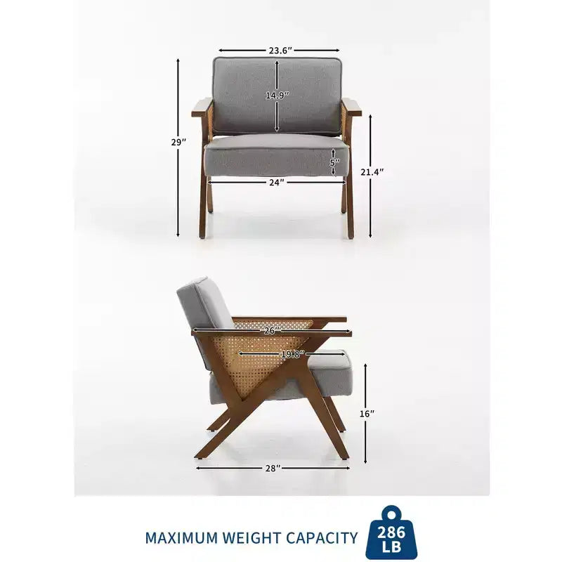Linen Upholstered Accent Chair, Mid Century Modern Vintage Rattan Vanity Chair with Wood Armrest and Legs for Living Room Bedroom