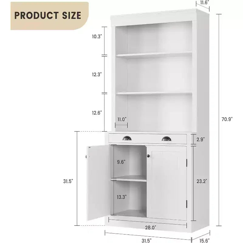 Acekool Modern Bookcase with Louvered Doors, Adjustable Shelves, Drawer & Cabinet, Set of 2, Safety Anti-Tip, Black