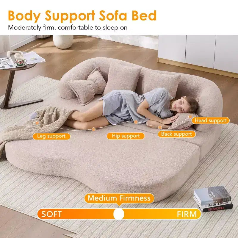Okak Modern Folding Boneless 2-in-1 Sofa Couch with 4 Pillows,Chenille Fabric Futon Sleeper Sofabed for Living Room, Apartment