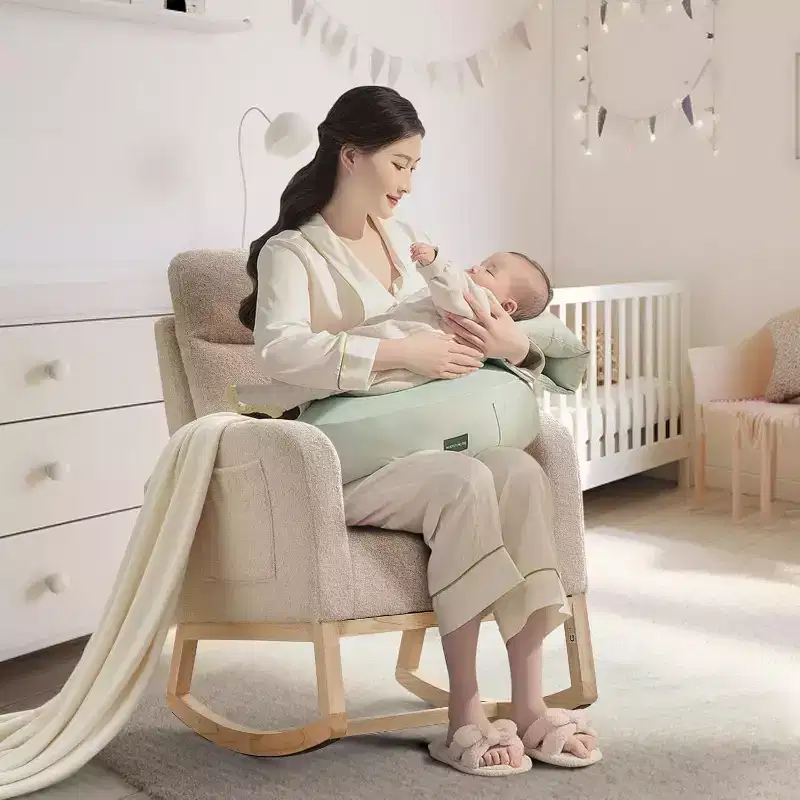 Nursery Rocking Chair with High Back and Side Pocket, Accent Armchair with Rubber Wood Legs for Living Room/Bedroom