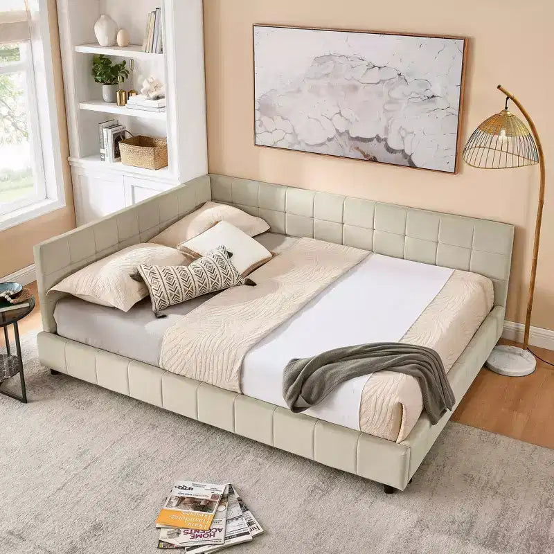 MAYEERTY Queen Size Upholstered Tufted Bed Frame with Backrest and Armrests Velvet for Bedroom Beige