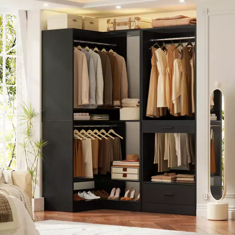 Besiost Freestanding Corner Closet System with 2 Hanging Rods and Shoes Shelf