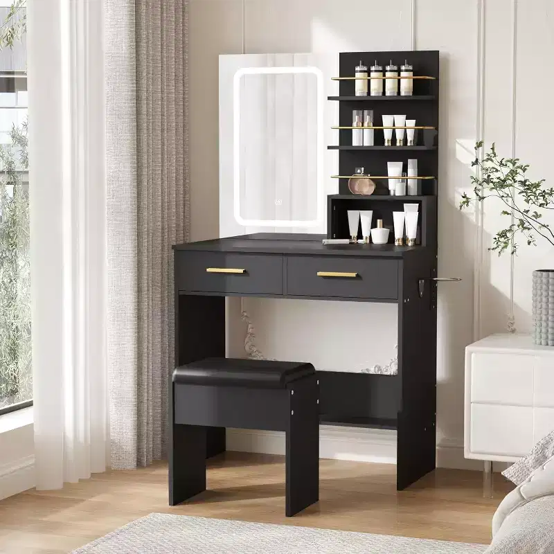 COZONY Vanity Desk with Mirror and Lights, Makeup Vanity Table with 2 Drawers, Open Storage Shelves Cabinet, Adjustable 3 Lighting Modes for Bedroom