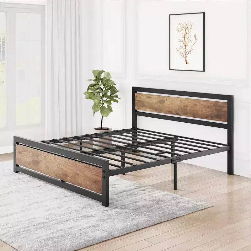 Metal Platform Bed Frame with Wooden Headboard and Footboard