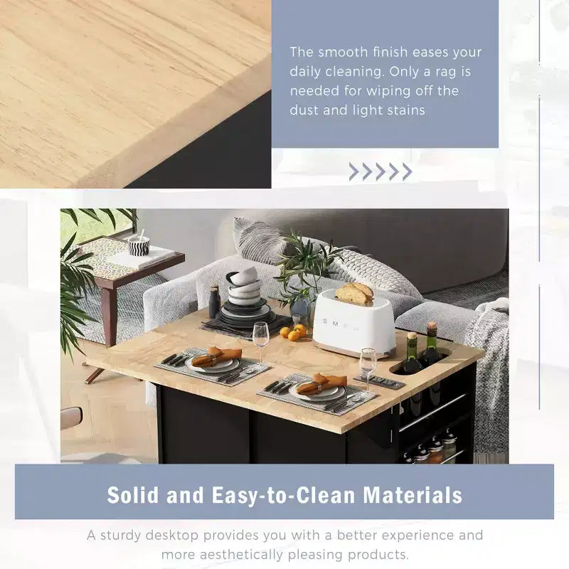 Rolling Kitchen Island with Drop Leaf and Power Outlet
