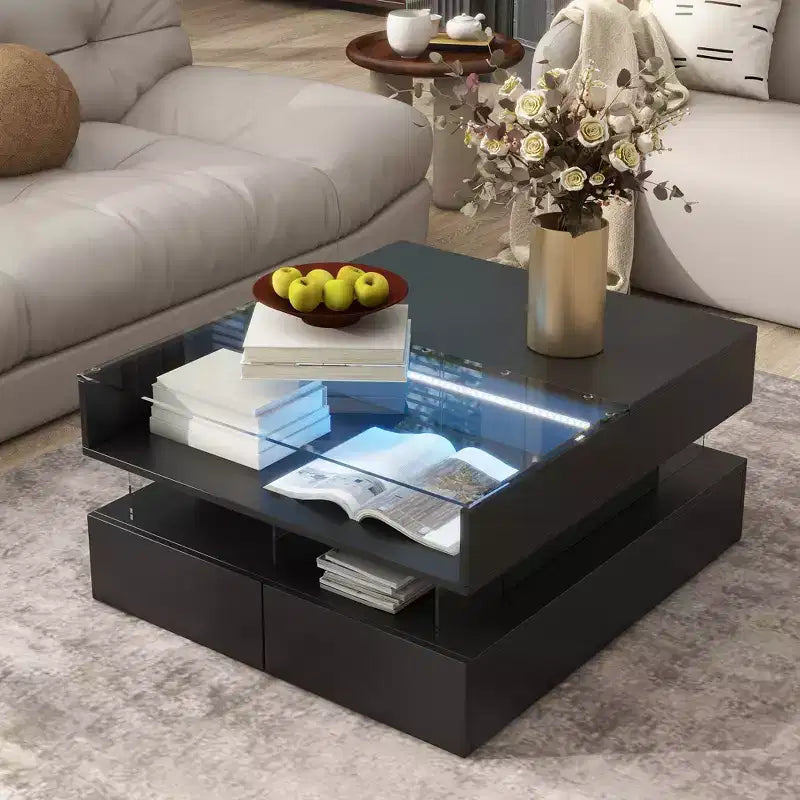 Modern Lift Top Coffee Table with Drawers, Square Center Table with Glass Top, Coffee Table with Hidden Space and LED Lights for Living Room
