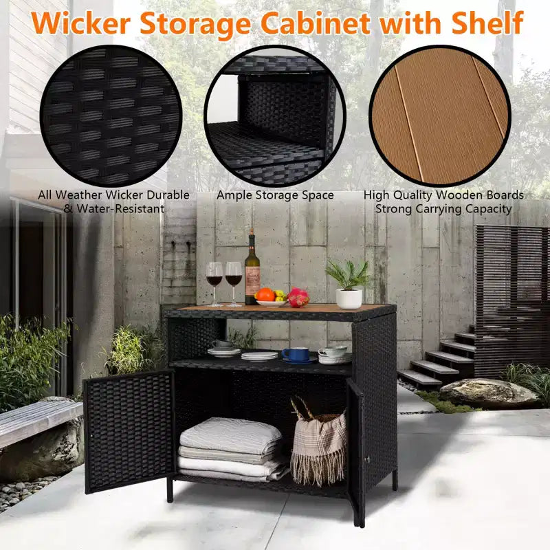 Outdoor Wicker Storage Cabinet with Metal Frame, All-Weather Patio Garden Organizer for Cushions Toys Tools