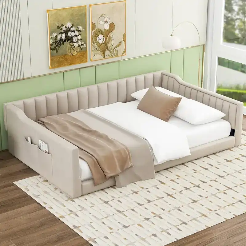 Full XL Size Upholstery Daybed and Side Storage pocket