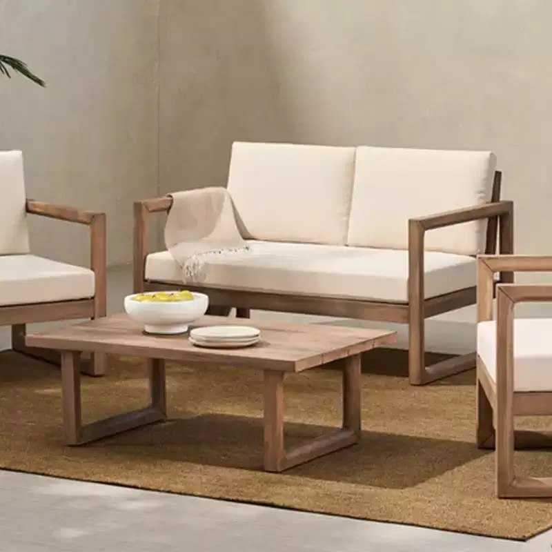 Ensemble de mobilier de patio en bois d'acacia, ensemble de conversation extérieur avec table basse et coussins moelleux pour jardin, véranda et balcon, beige - Merax